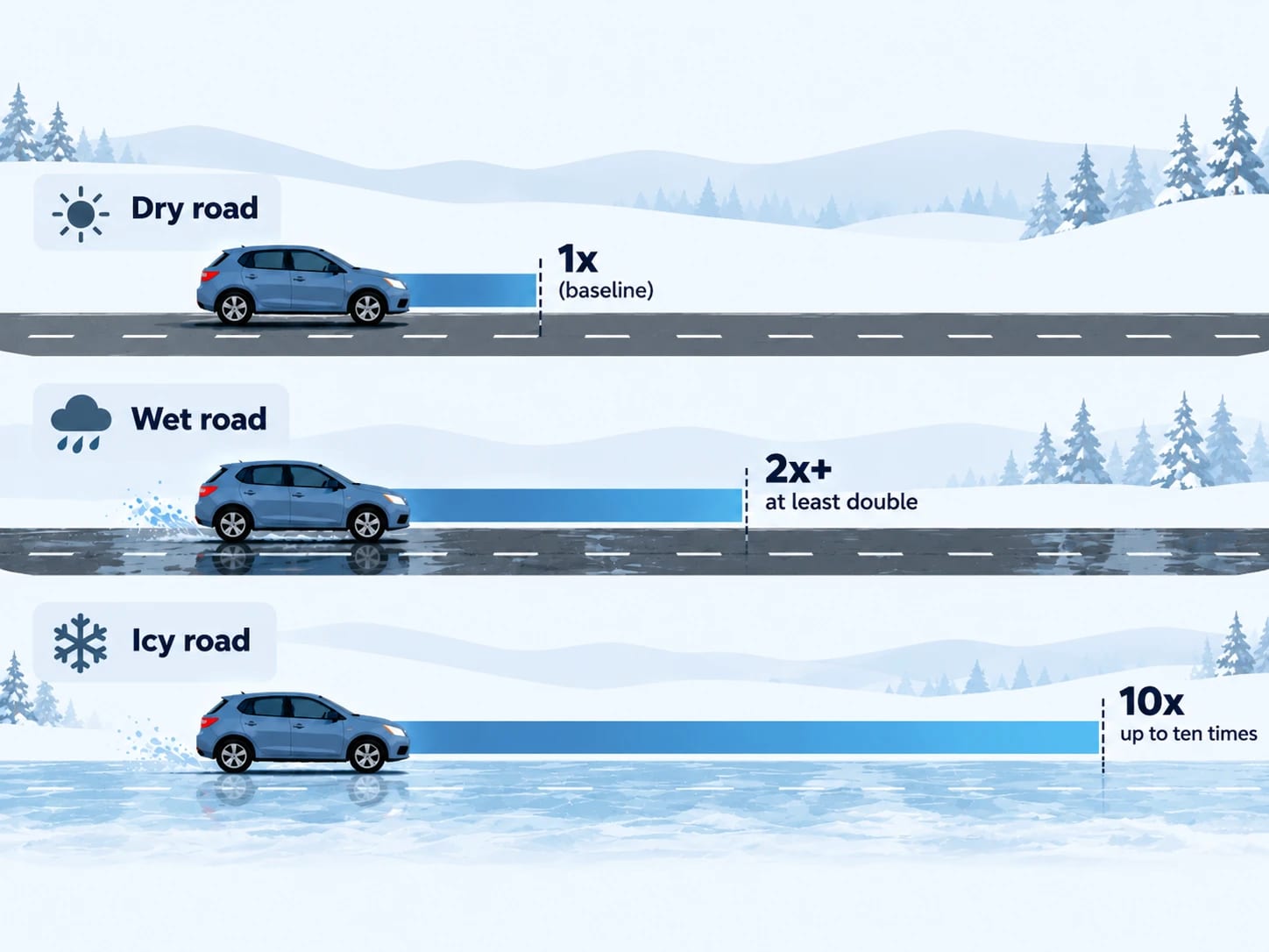 Stopping distances compared: a dry road as the baseline, at least double on a wet road and up to ten times longer on ice