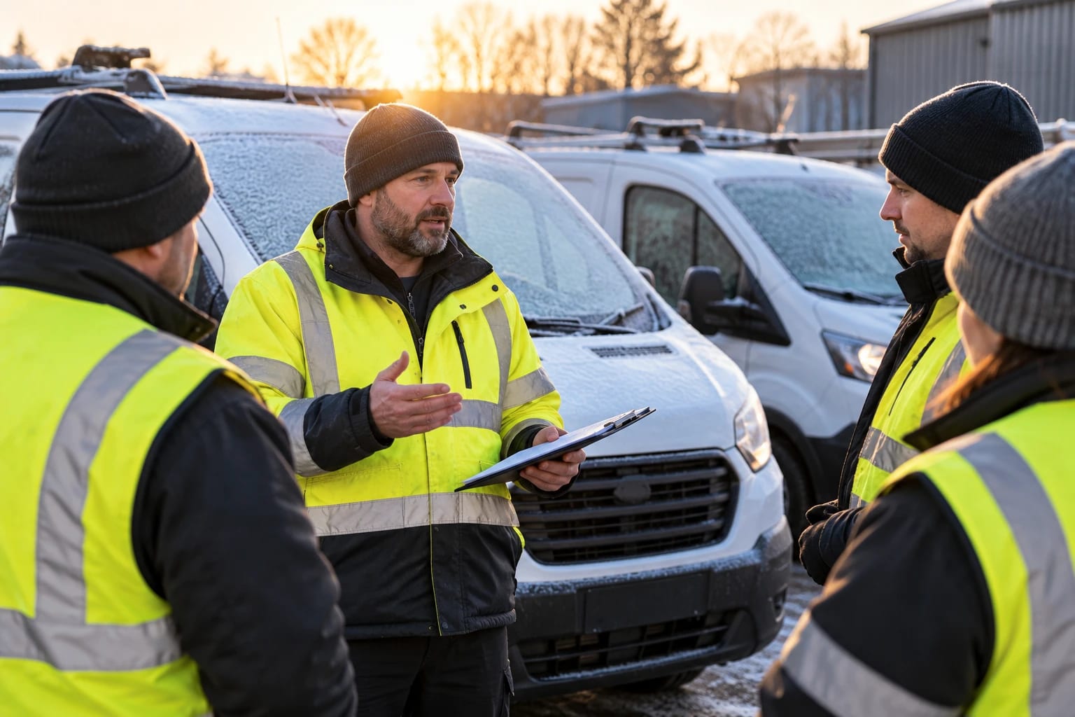 A supervisor in hi-vis briefing a works team beside frosted vans