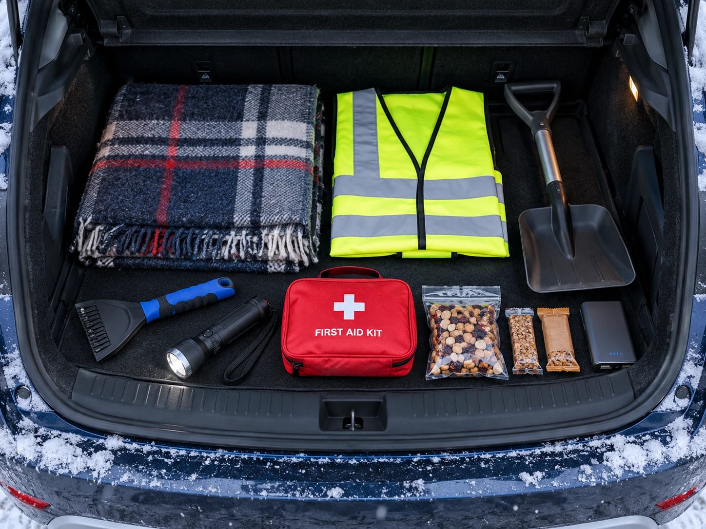 Winter driving kit in a car boot: blanket, hi-vis vest, shovel, scraper, torch, first aid kit, snacks and a power bank